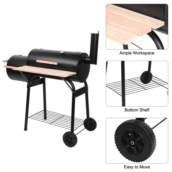 Alvantor Offset Charcoal Grill with Side Smoker, Built-In Thermometer, Wooden Front Shelves, Bottom Storage Rack and Wheels, Black