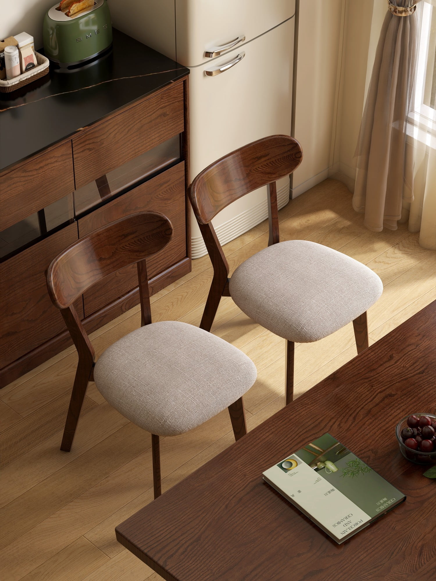 Solid Oak Dining Chair Upholstered Wooden Kitchen Chair with FAS Grade North American Oak Wood for Dining Room Living Room Farmhouse, Gray,Walnut