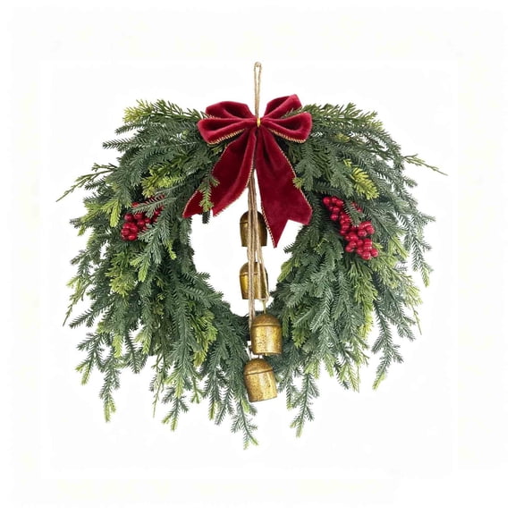 Large Christmas Wreath for Front Door Artificial Winter Wreath with Bows and Bells 19.7 Inch Indoor Outdoor Wall Window Decor