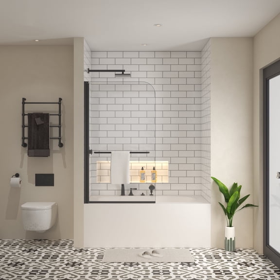 JimsMaison 34-34.4 in. W x 58 in. H Pivot Frameless Bathtub Shower Door with 1/4" (6mm) Tempered Glass, Matte Black
