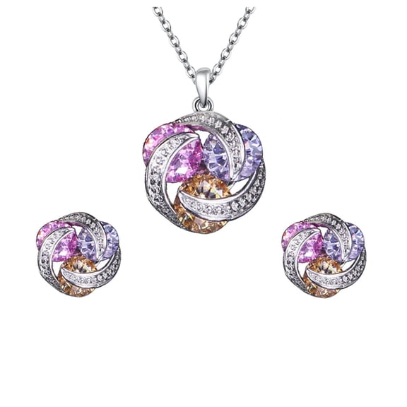 Paris Jewelry 18K White Gold Multicolor Created Amethyst, Pink, Champagne and White Sapphire Necklace and Earrings set Plated