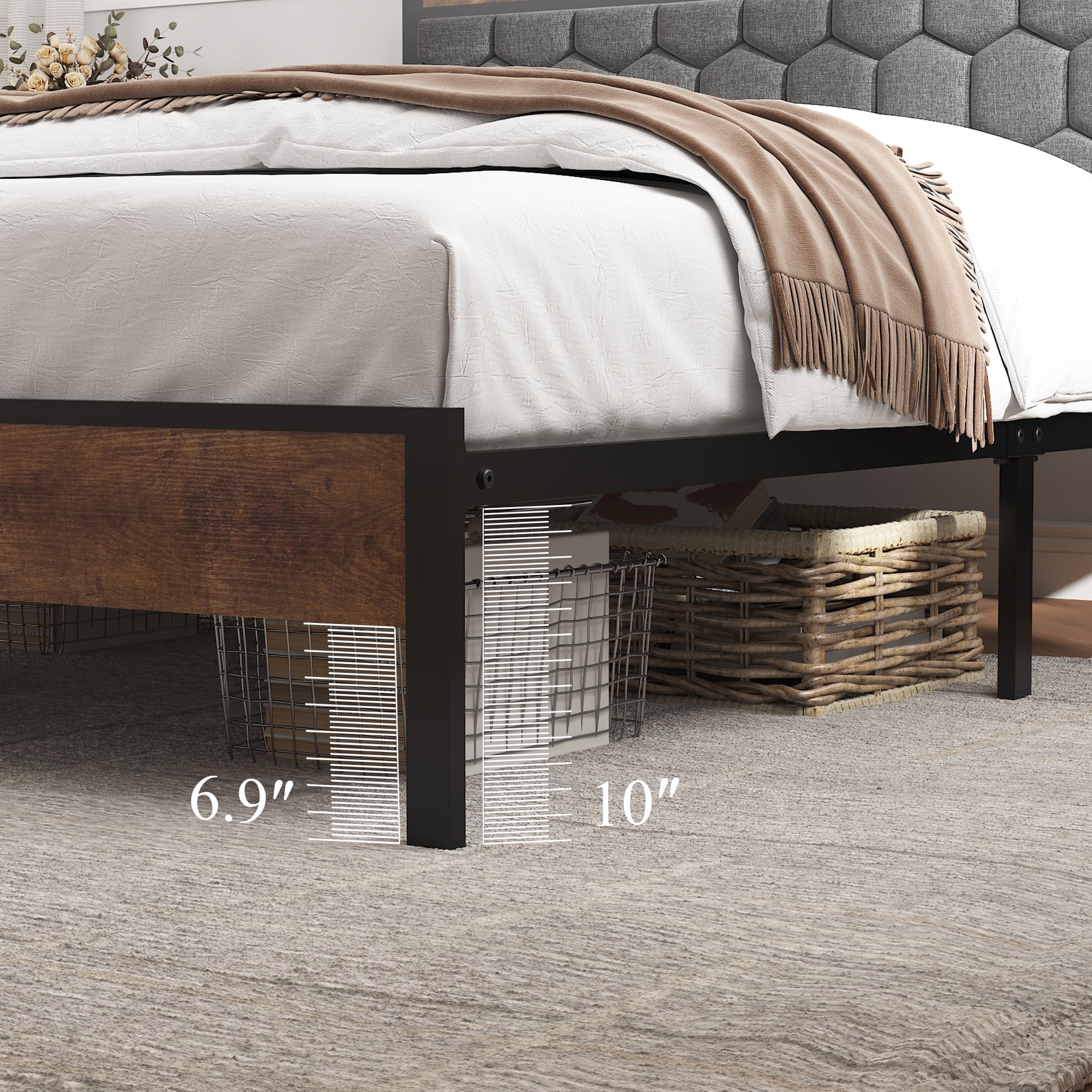 Yoneston Full Size Bed Frame with Upholstered Storage Headboard and USB Charging, Retro Metal Platform Bed Frame with Under-Bed Storage Noise Free for Bedroom, Brown