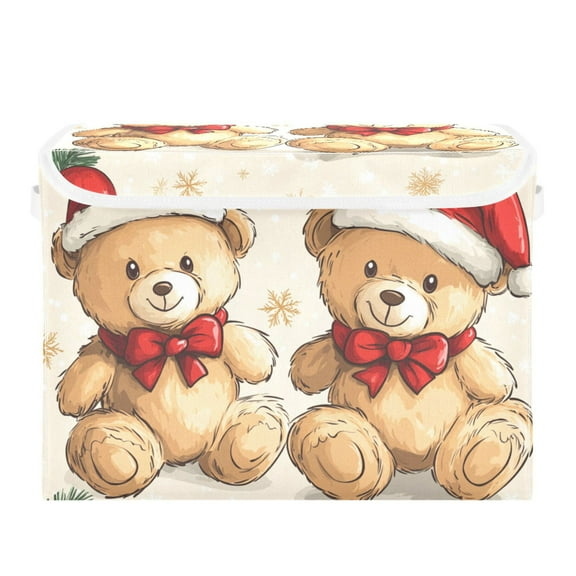 Cute Teddy Bear Christmas Leaves Foldable Storage Bin with Lid and Handle Collapsible Storage Box 16.5 x 12.6 x 11.8 inches