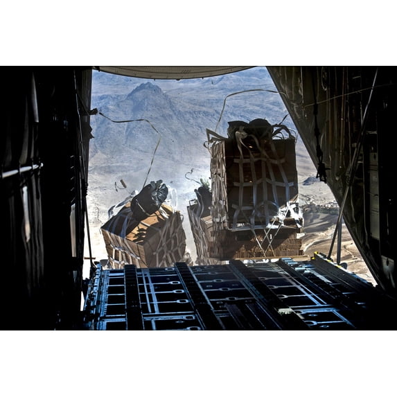 24"x36" Gallery Poster, Crews drop pallets of food and supplies from a U.S. Air Force C-130 Hercules