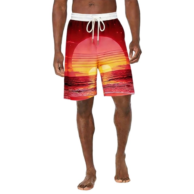 Los Pantalones Cortos de Cintura Elástica de los Hombres de Vacaciones Informales Imprimidos Pantalones de Baño, Pantalones de Playa con Cordón con Bolsillos Laterales