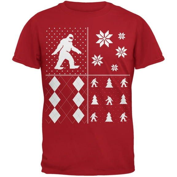 Sasquatch Festive Blocks Ugly Christmas Sweater Red Adult T-Shirt - 2X-Large