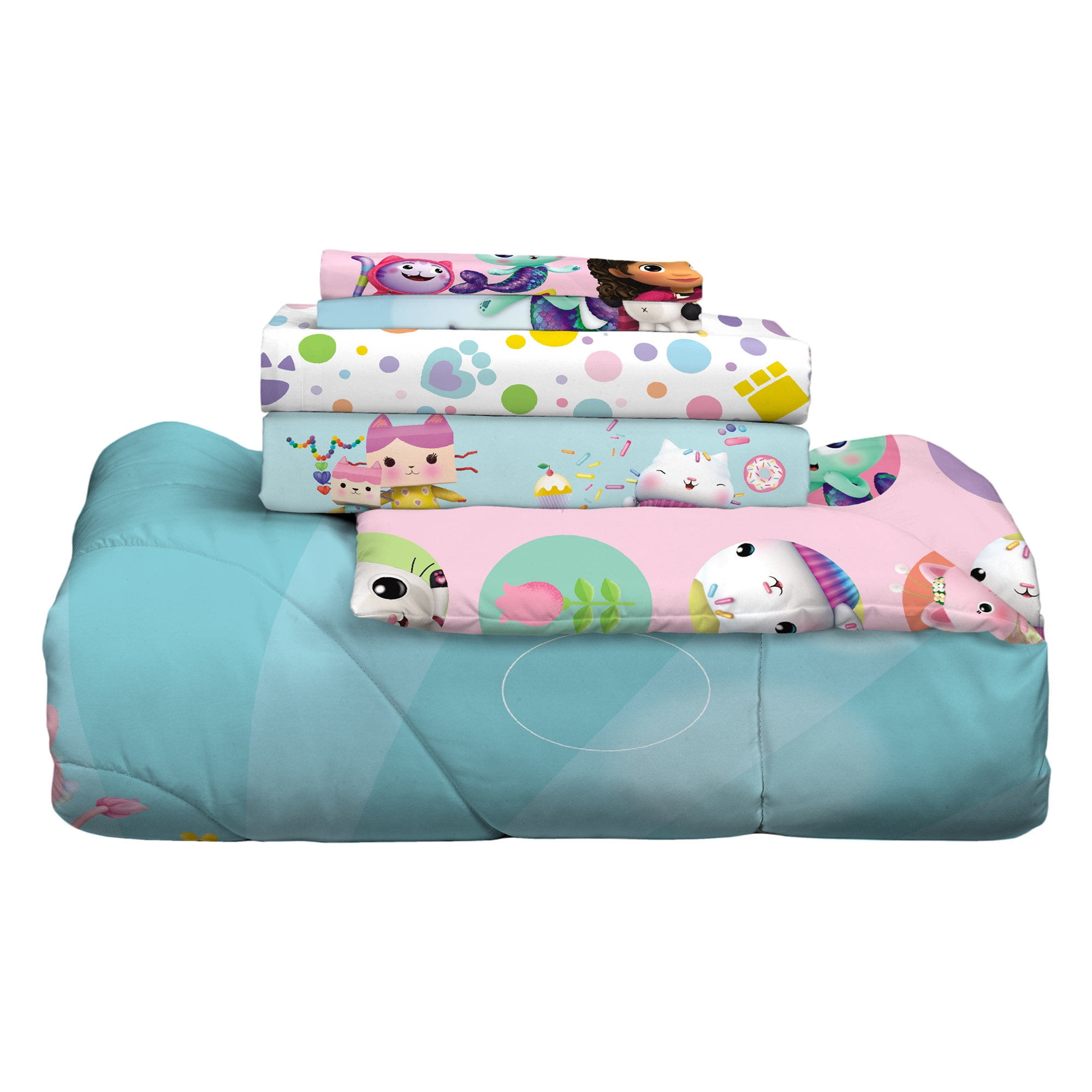 Gabby's Dollhouse Kids 5 Piece Teal Blue White Reversible Comforter, Bed in a Bag, Full