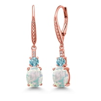 Gem Stone King 18K Rose Gold Plated Silver White Opal and Blue Zircon Dangle Earrings for Women with Lab Grown Diamond (3.03 Cttw, Oval Cabochon 9X7MM)