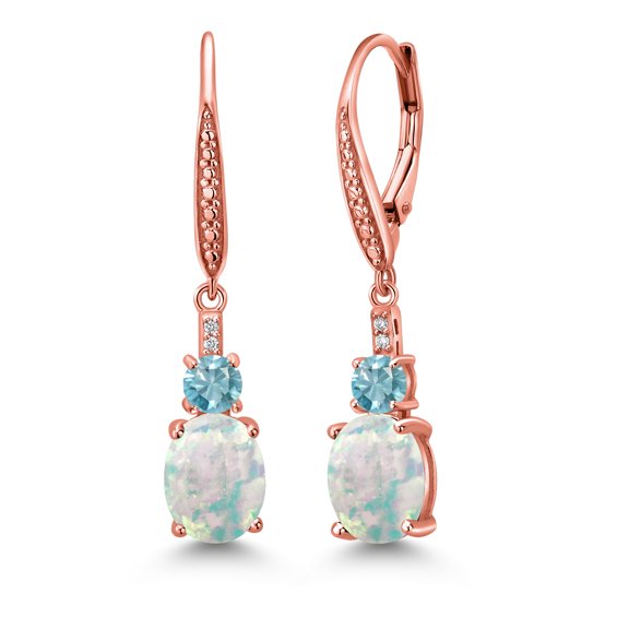 Gem Stone King 18K Rose Gold Plated Silver White Opal and Blue Zircon Dangle Earrings for Women with Lab Grown Diamond (3.03 Cttw, Oval Cabochon 9X7MM)