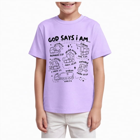 Duqingm Boy T Shirt Boys' Short Sleeve Graphic Crew Neck T-Shirt, Soft, Comfortable, Relaxed Fit Light Purple,5-6 Years