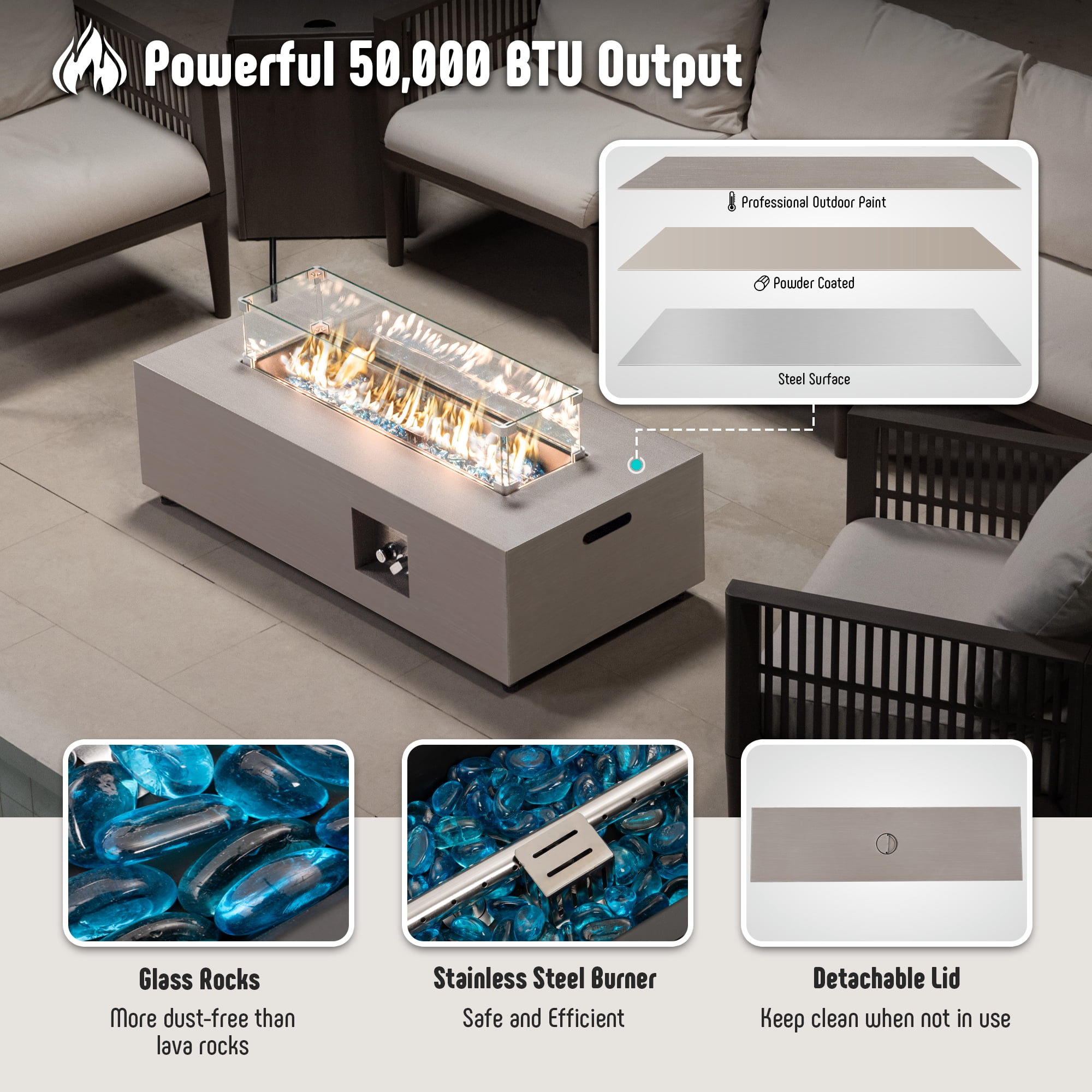 42" Propane Fire Pit Table Set with Tank Holder, CSA Certifed 50,000 BTU Outdoor Firepit Table, Wind Guard & Glass Stones