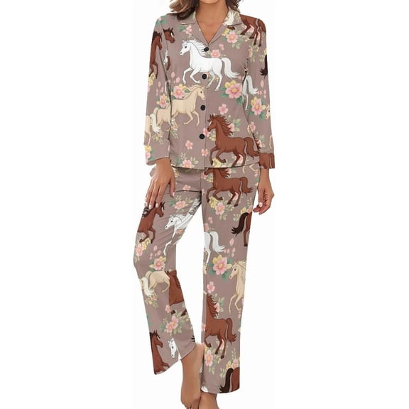Top-kevin Women Long Sleeve Pajama Set Comfy Pjs Sets Horses Flowers Pattern 2 Piece Lounge Set
