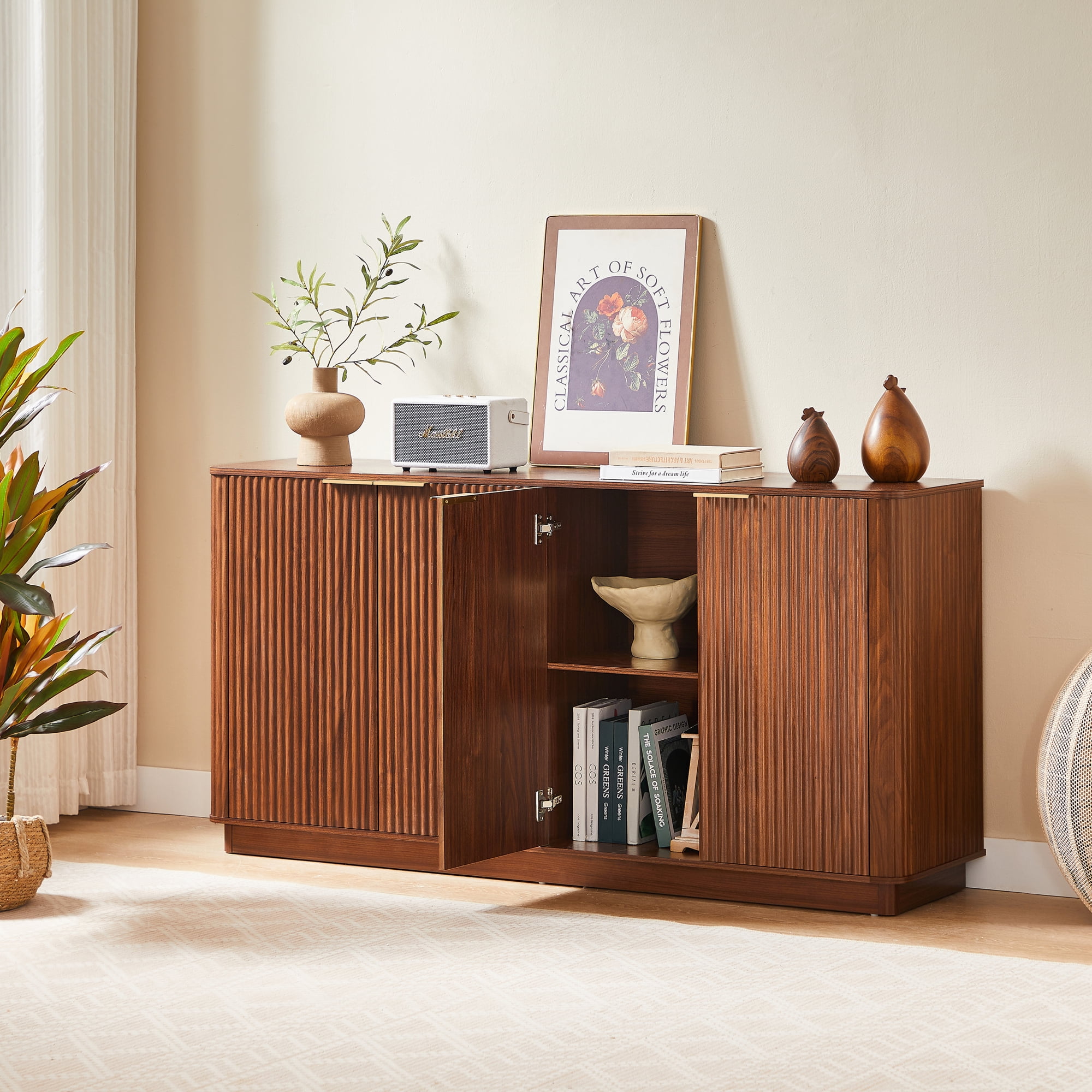 Leumius 63" Vertical Stripe Buffet Cabinet Sideboard with stoarge, Curved Wave Design, TV Stand for Bedroom Living Room Hallway Walnut