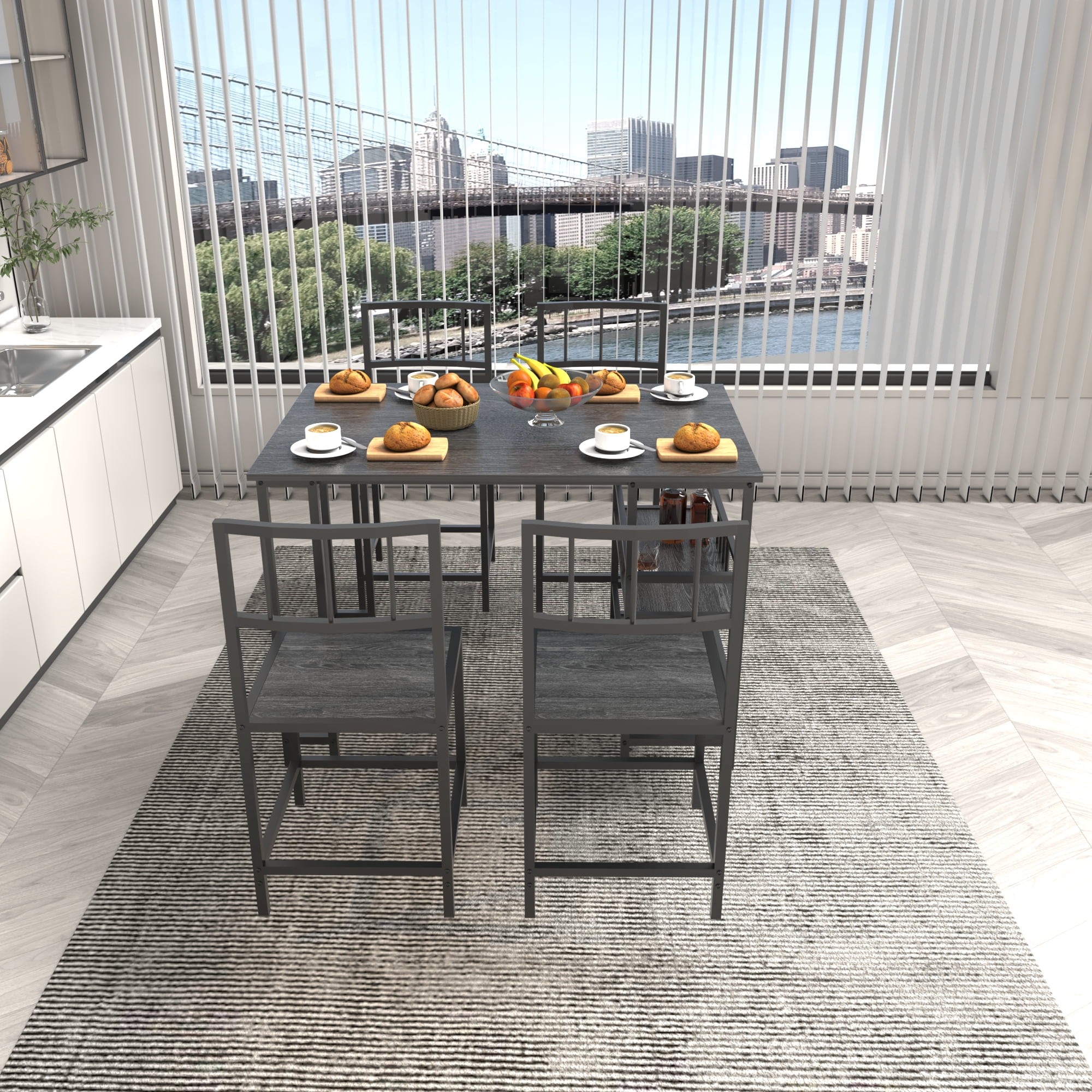 HOQBN 5 Piece Dining Table Set with 4 Chairs and 2-Tier Side Storage Shelves,Industrial Kitchen Table Wood Grain Metal Frame Dinner Furniture for Small Apartment Dining Room,Charcoal grey