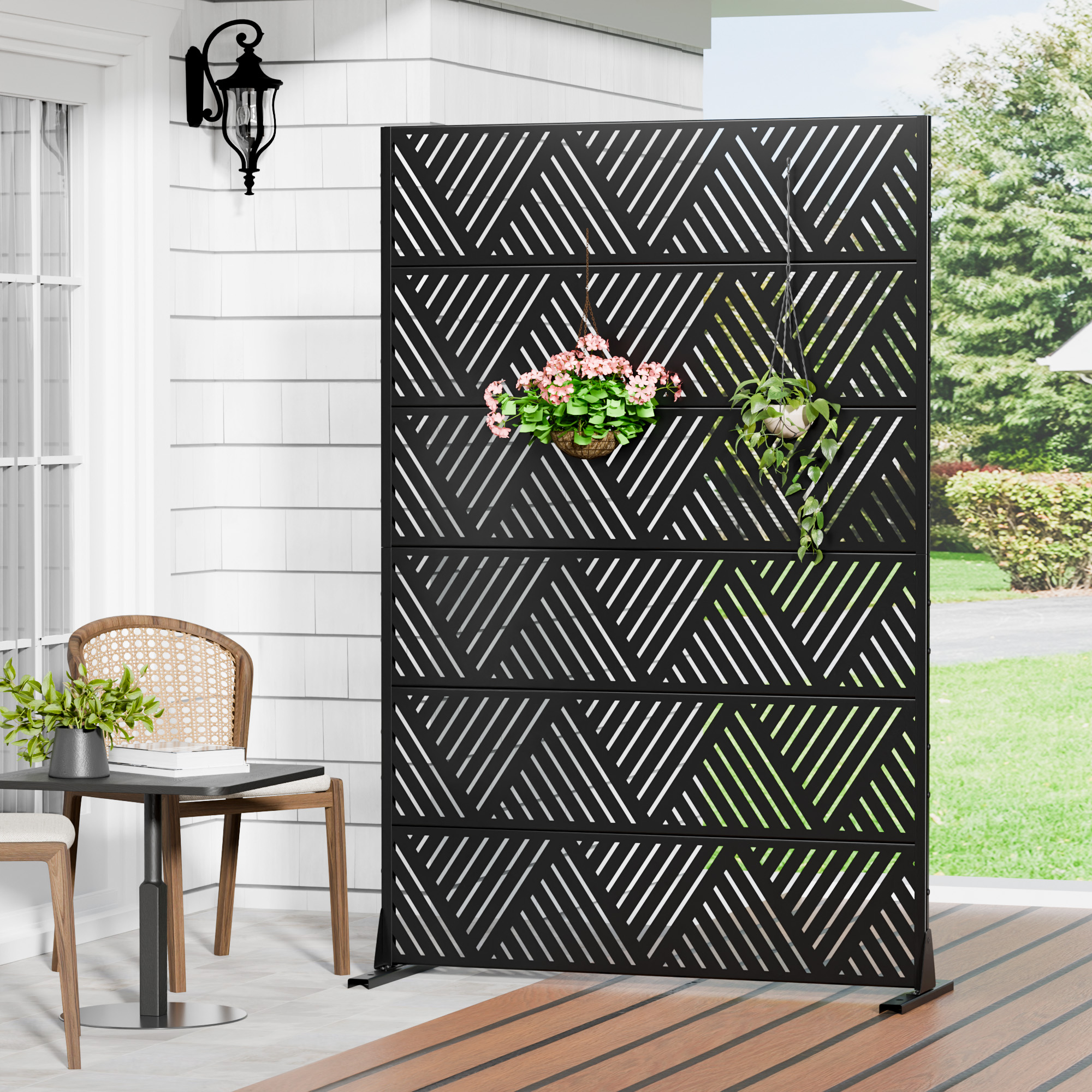 MAYEERTY 72×47" Outdoor Black Metal Privacy Panel Screen for Backyard & Garden, Triangular Diamond Pattern