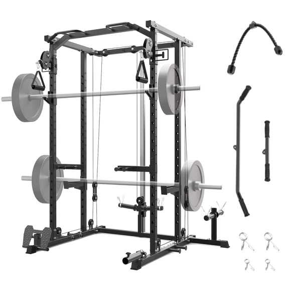 2000LBS Multi-Function Power Cage Squat Rack with Dual Pulley Cable Crossover – Heavy-Duty Steel Strength Training Equipment for Home Gym – Color: All Black