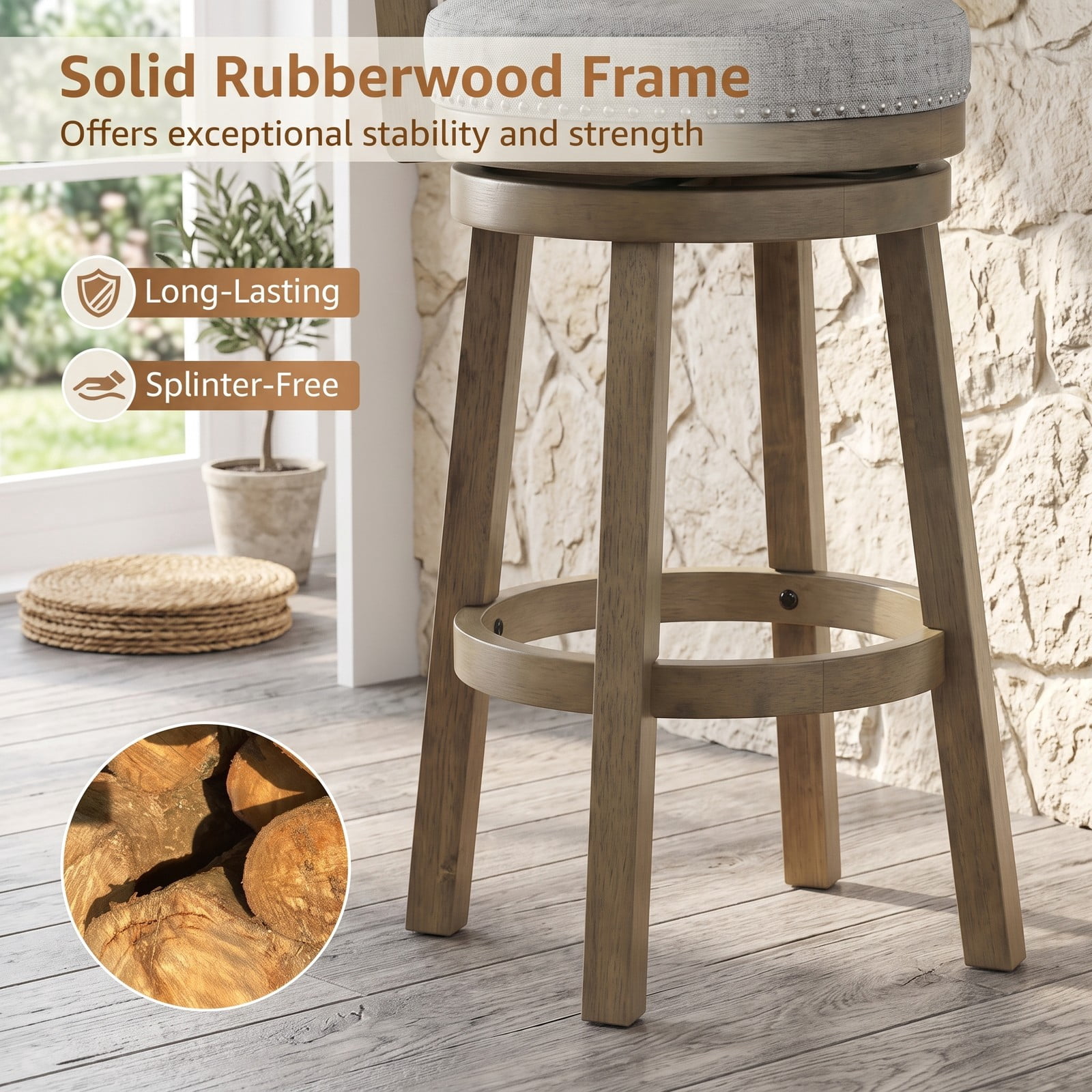 Furnibear Swivel Bar Stools Set of 2, 31.5 Inch Linen Fabric Upholstered Barstools with Curved Back and Nailhead Trim, 360-Degree Swivel Counter Height Kitchen, Gray