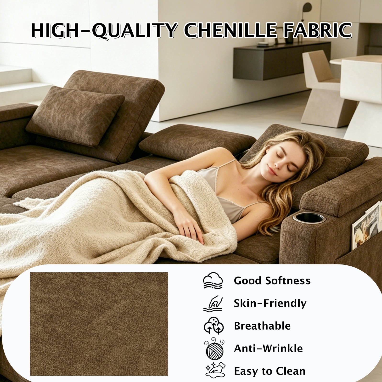 ShiKeyi 83" 3-in-1 Convertible Sofa Bed, Chenille 3 Seater Couch with Sleeper Sofa Function, Adjustable Backrest, USB Ports & Storage Armrests, Khaki