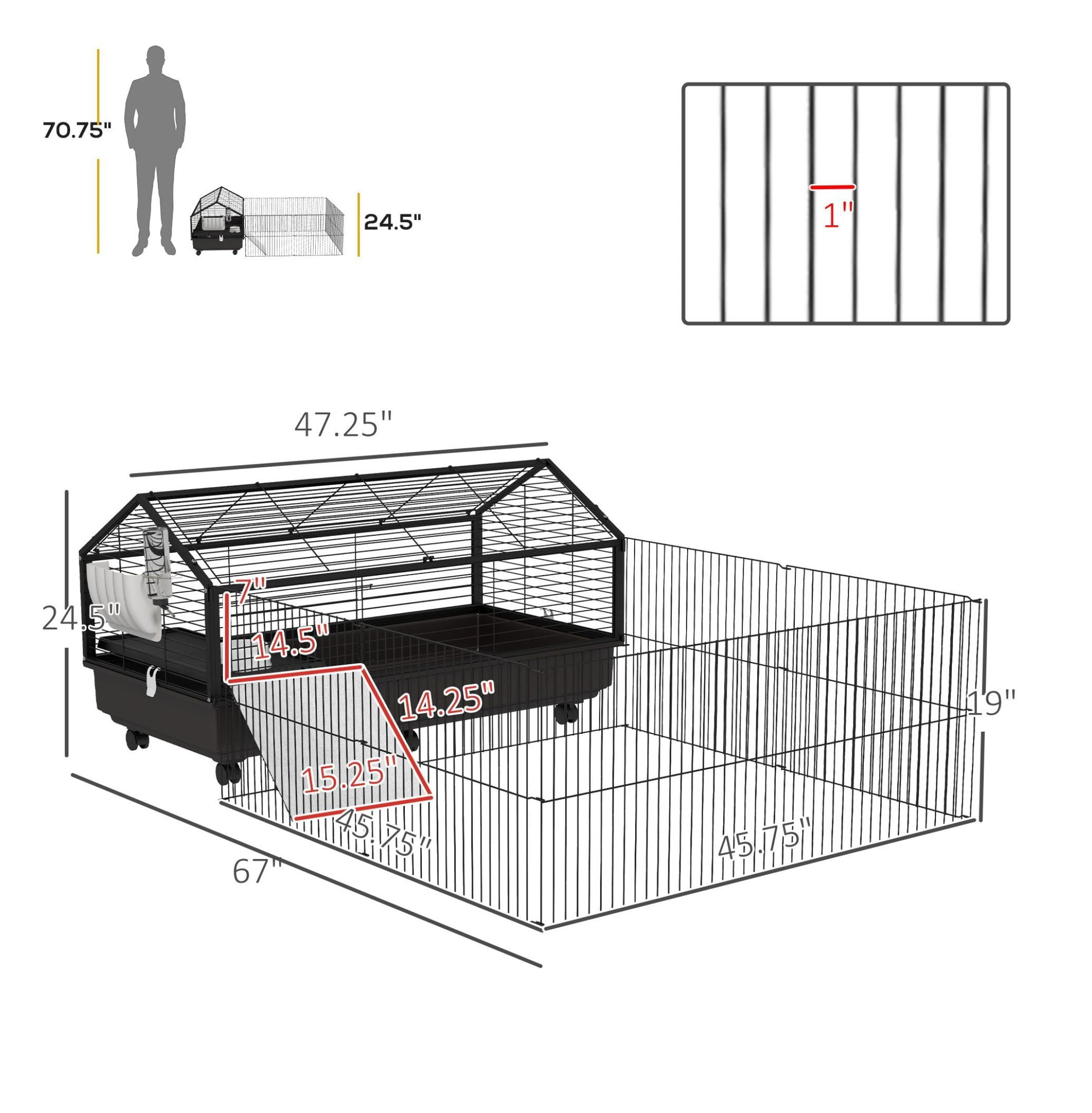 Rolling Small Animal Cage with Foldable Run Bunny Cage Black includes Water Bottle Bowl Ramps