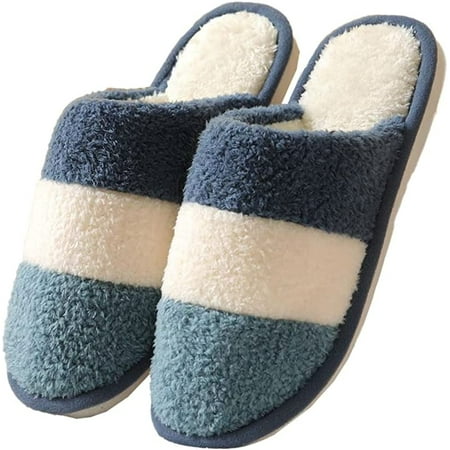 

CoCopeaunts Women Stripe Slippers Faux Fur Plush House Shoes Thick Memory Foam Warm Bedroom Slipper Soft Cozy Non Slip Slippers