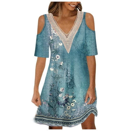 

Charella Women Cinch Waist Knee Length Dress Casual Lace V-Neck Printing Strapless Summer Short Sleeve Dress Blue XXXL