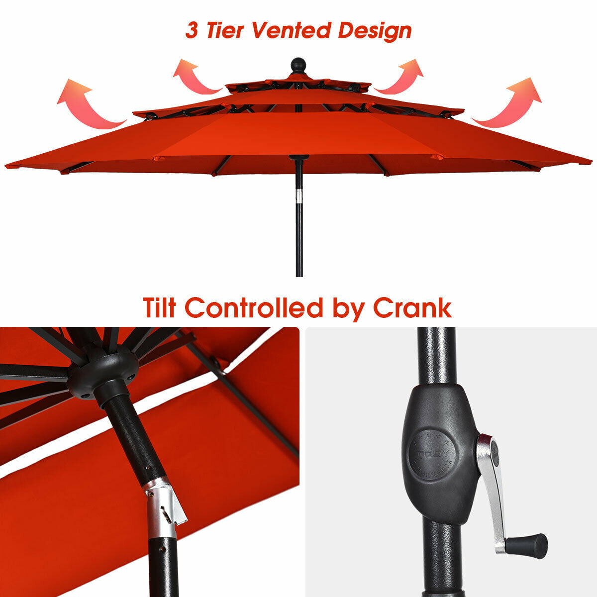 10ft 3 Tier Patio Market Umbrella Aluminum Sunshade Shelter Double Vented Orange 