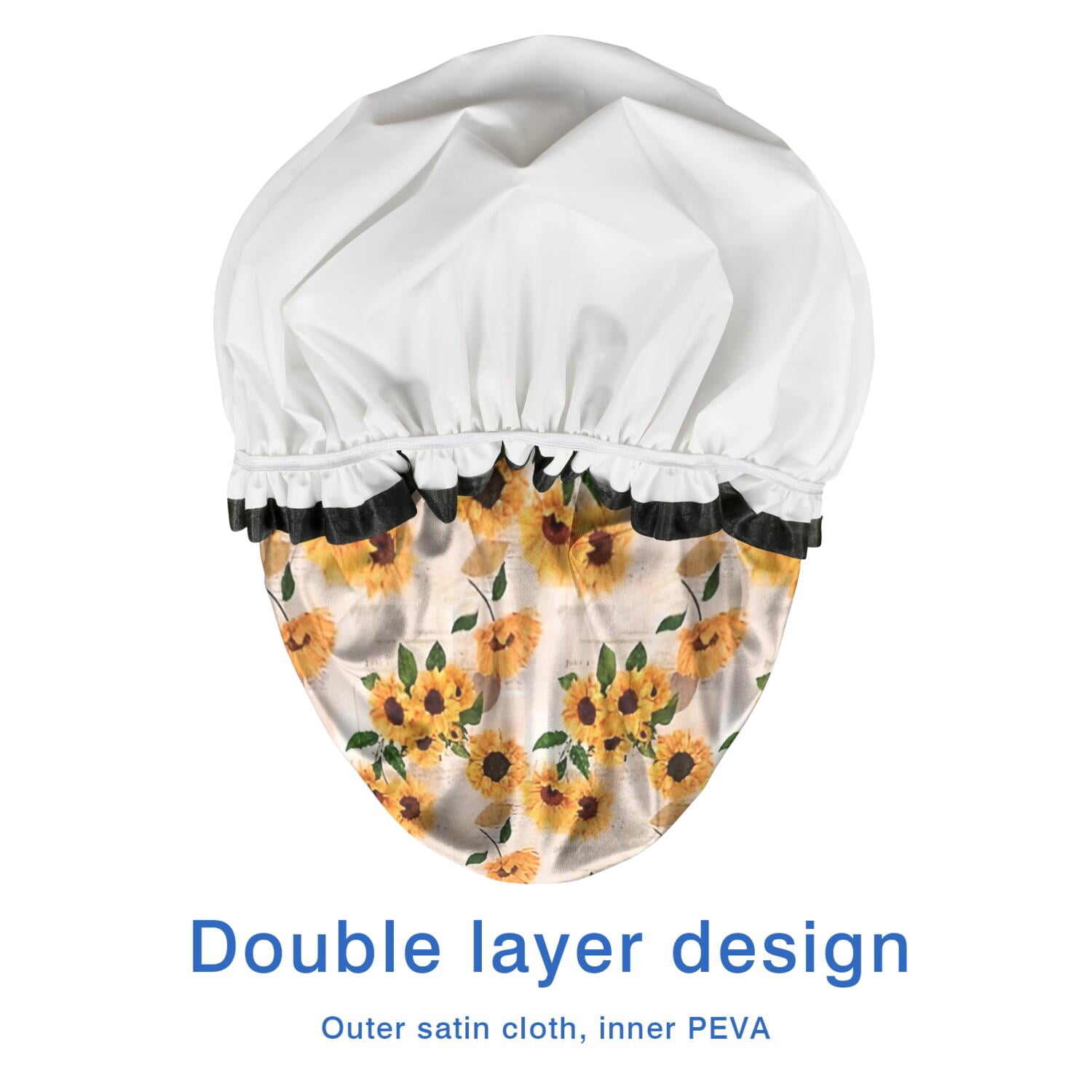 Shower Caps,Beige Sunflower Pattern Waterproof Shower Cap for Women 4 Pieces,Double Reusable Hair Cover for Shower PEVA Elastic Stretch Hem
