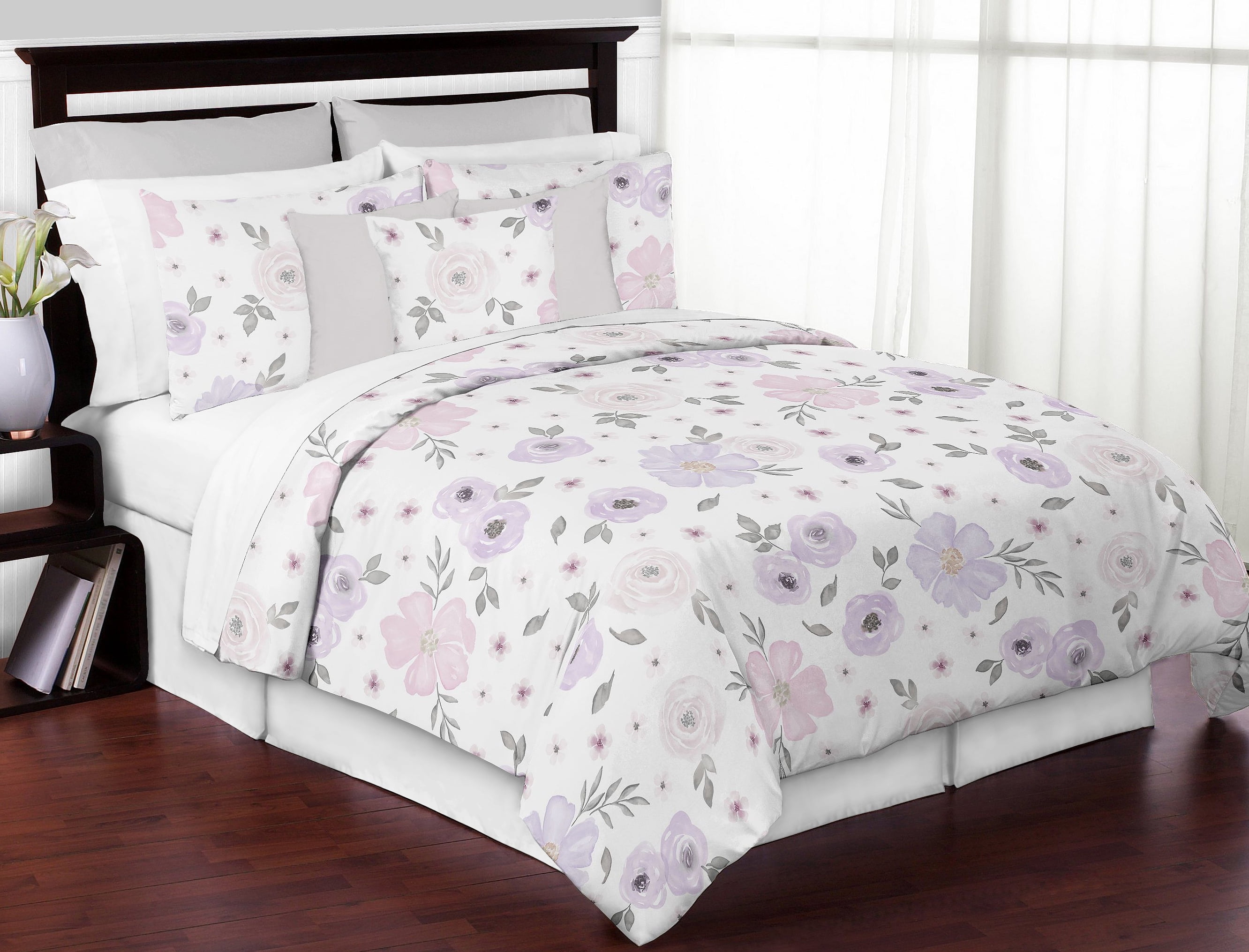Sweet Jojo Designs Lavender Purple, Pink, Grey and White Shabby Chic Watercolor Floral Girl Full / Queen Teen Childrens Bedding Comforter Set - 3