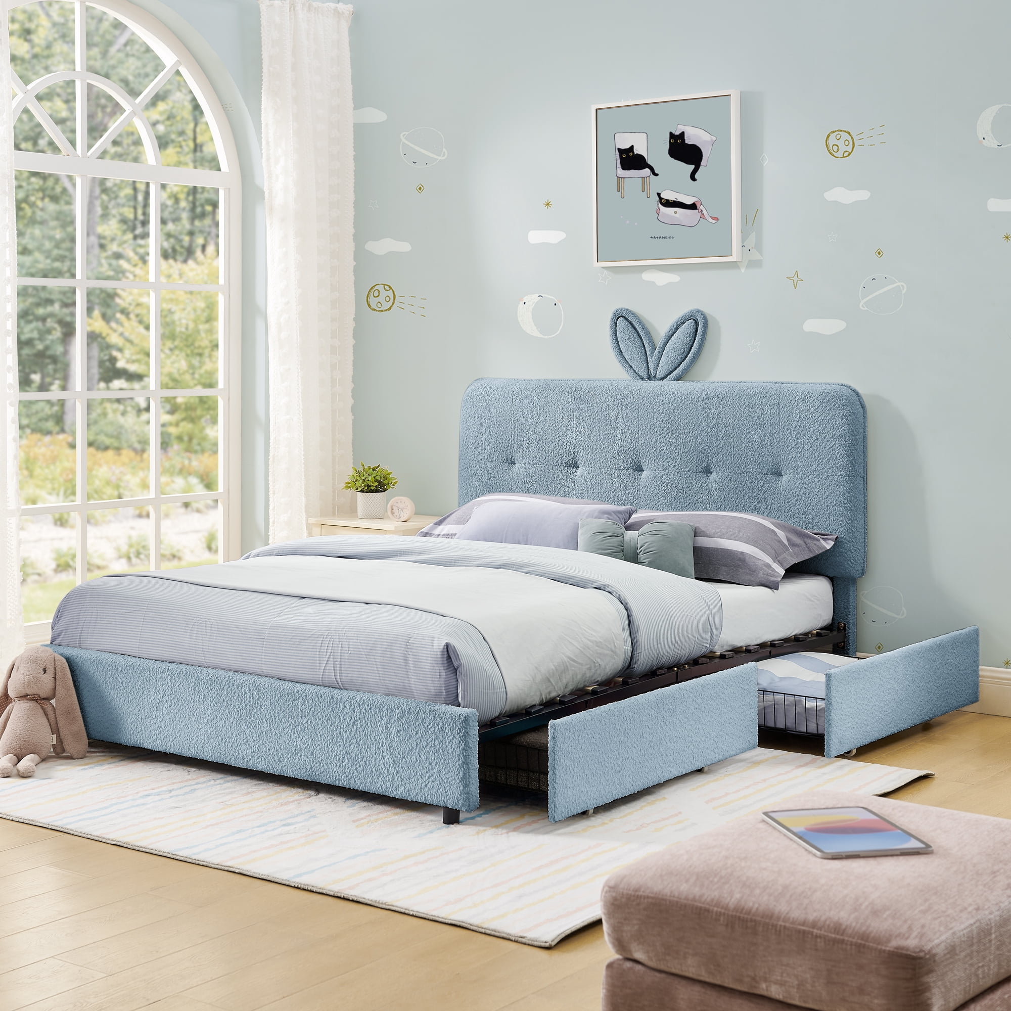 Avobird Full Size Kids Upholstered Bed with Oversized Rabbit Ear Headboard, LED Light & 4 Storage Drawers, Boucle Fabric, Navy
