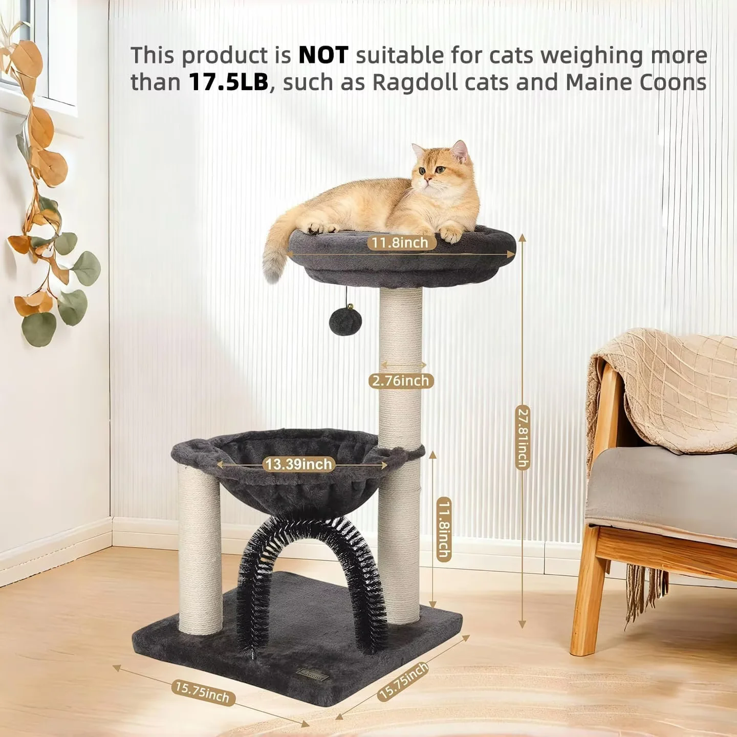 FluffyDream Small Cat Tree Tower for Indoor Cats, 5-in-1 27.8" Multi-Level Cat Tree with Scratching Posts, Plush Hammock, Perch, Self Groomer Brush, Dangling Ball for Kittens/Small Cats Play &Rest