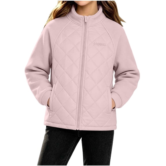 Fnooota Girls Puffer Jackets Size 14, Long Sleeve Warm Stand-up Collar School Girls Winter Outerwear Pink