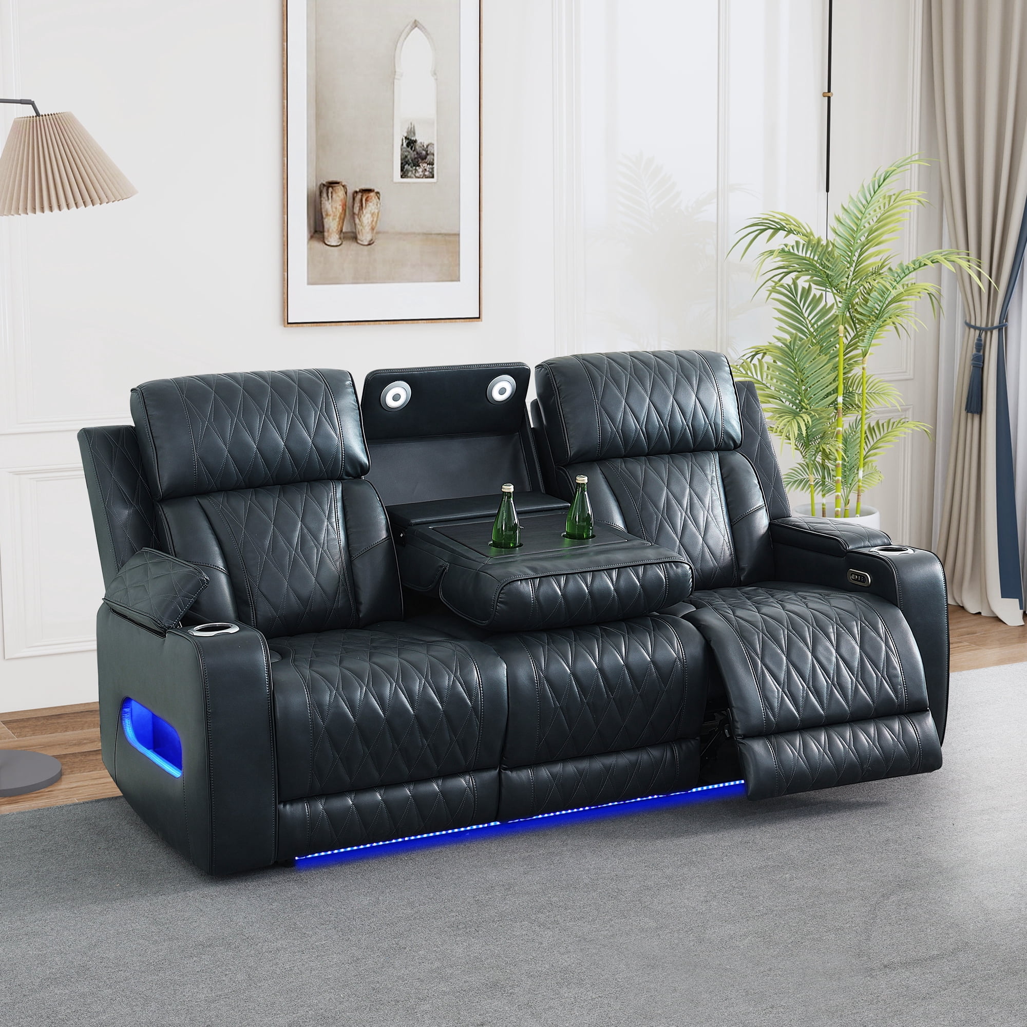 MAYEERTY 3-Seat Intelligent Recliner Sofa with Breathable Leather, Flipping Tea-Cup Holder & LED Light for Living Room