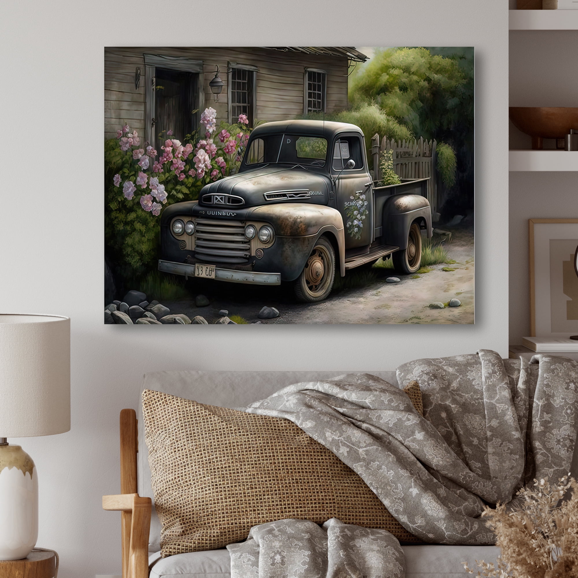 Designart Vintage Car At The Barn Canvas Wall Art