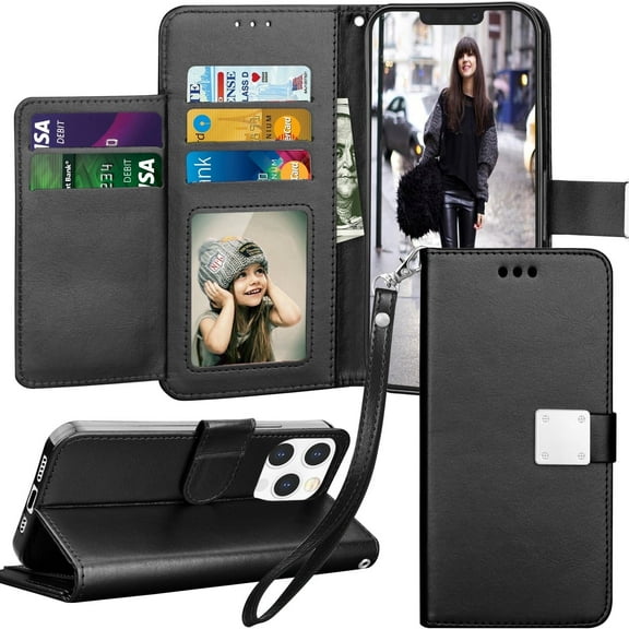 Entronix Wallet Case for iPhone 14 Pro, PU Leather [6 Slots] Card Holder Flip Stand, Black