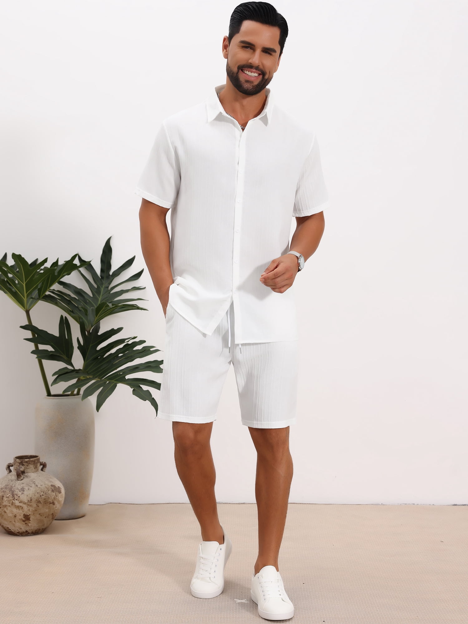 DARING DIVA Men's 2 Pieces Beach Shirt & Shorts Striped Textured Outfits XL White