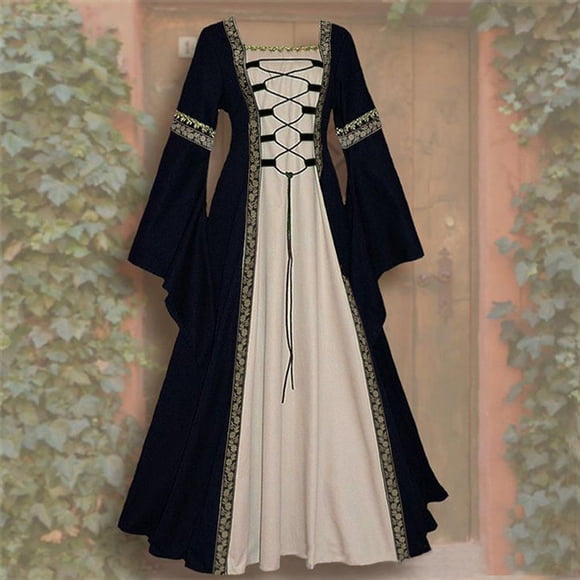 Clothing Elegant Womens Solid Color Square Long Sleeve Flared Sleeve Lace Up Gothic Retro Court Style Dress for Halloween and Themed Events