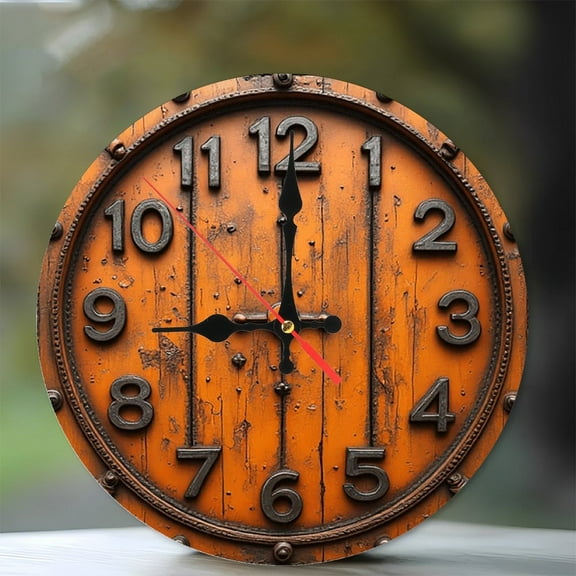 Vintage Orange Wood Wall Clock Rustic Farmhouse Decor 10-Inch Silent Wooden Wall Clock, Battery Operated (AA Batteries Not Included), Artistic Home Decor
