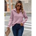 thumbnail image 5 of Women's Autumn and Winter Casual Loose Pullover Quarter Zip Design Ribbed Quilted V-Neck Pink S, 5 of 9