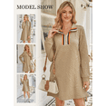 thumbnail image 3 of DOKOTOO Women's Casual Dress Long Sleeve Half Zip Striped Neck Embossed Mini Dresses, 3 of 8
