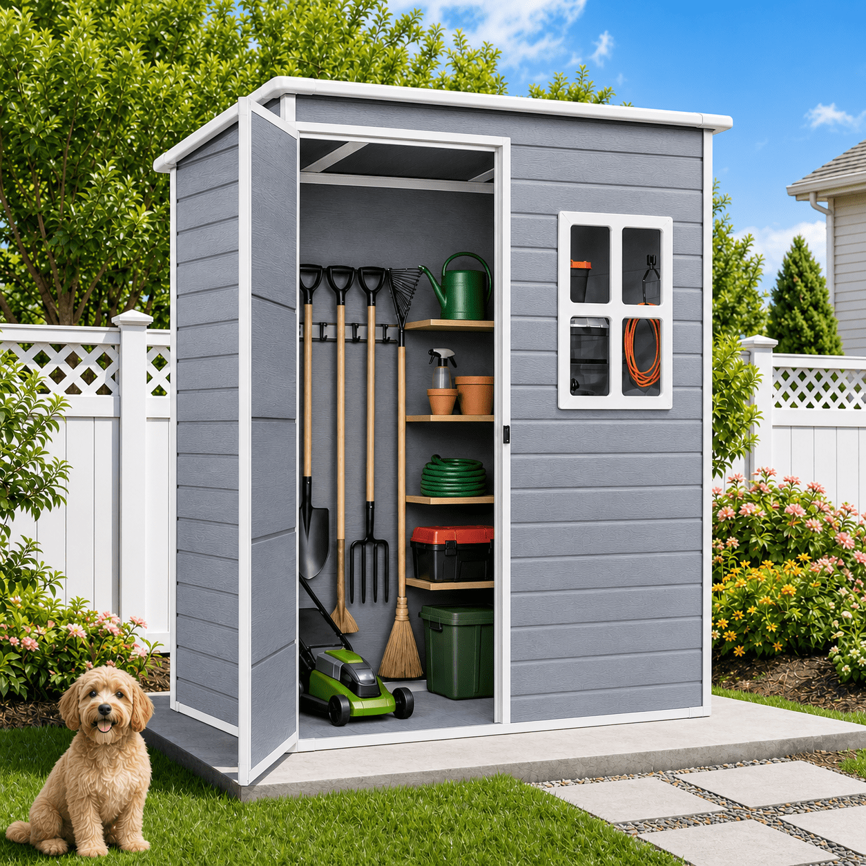 5 x 3 Ft Outdoor Storage Shed with Lockable Door, Weatherproof Resin Garden Shed with Floor & Ventilation for Patio, Lawn, Gray