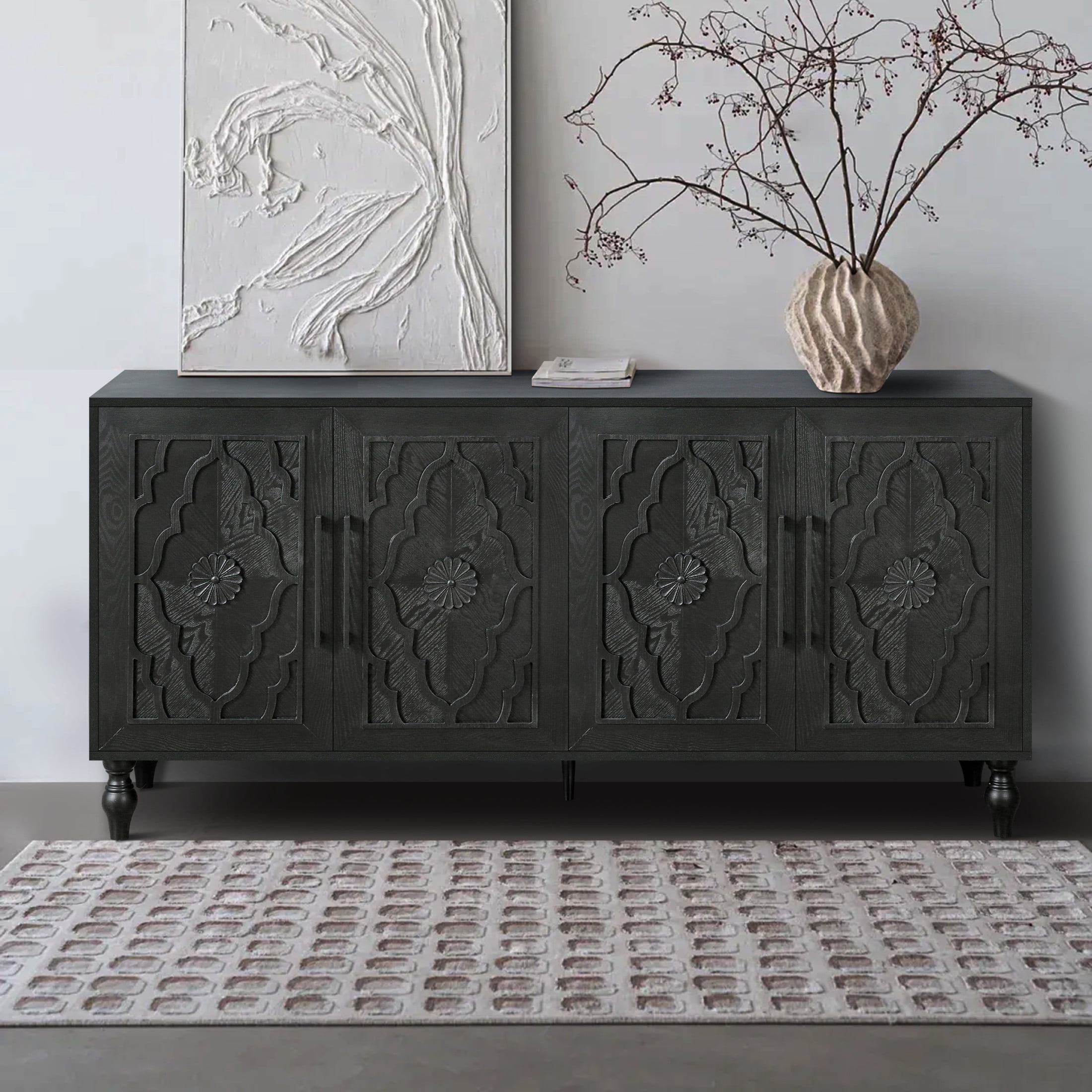 Noble House Carved Flower Door Large Storage Cabinet With Metal Handle Suitable For Living Room, Kitchen, Entryway, Black