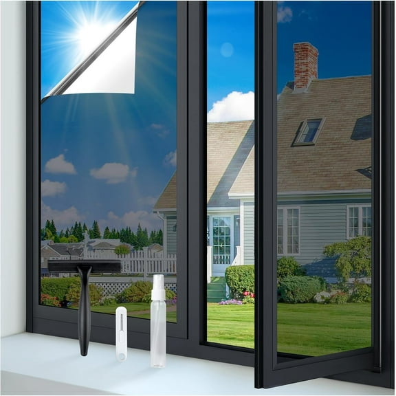 One Way Window Privacy Film Tint with 3 Tools for Home, Sun Heat UV Blocking Control Reflective Mirror Tint Film See Out Not in Office Door Coverings, Black Silver, 17.5 x 78.7 inches