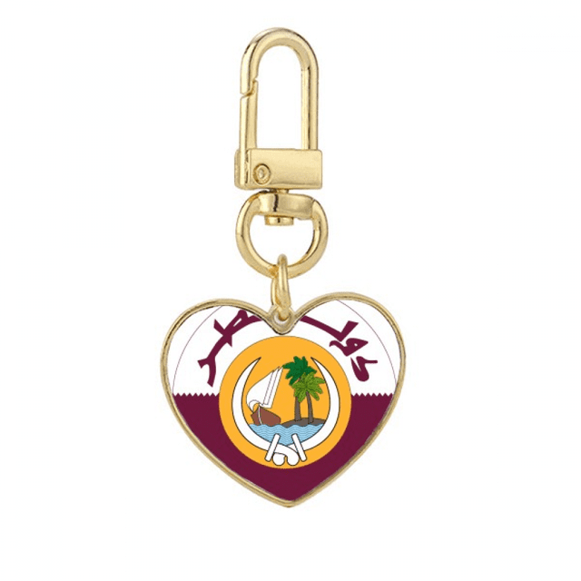 Qatar Asia National Emblem Gold Heart Keychain Metal Keyring Holder