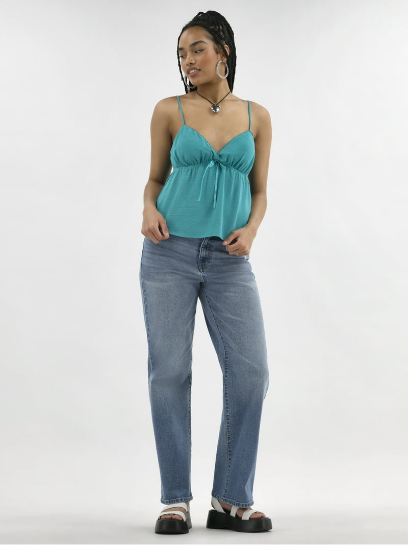 No Boundaries Women's Bra Cup Tank Top with Deep V-Neck Crochet