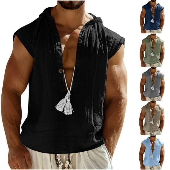 BiZtdJrK Linen Shirts for Men Loose Fit Sleeveless Hooded Tank Tops Summer Casual V Neck Button Down Shirts Beach Vacation Outfits Black L Back to School Sales