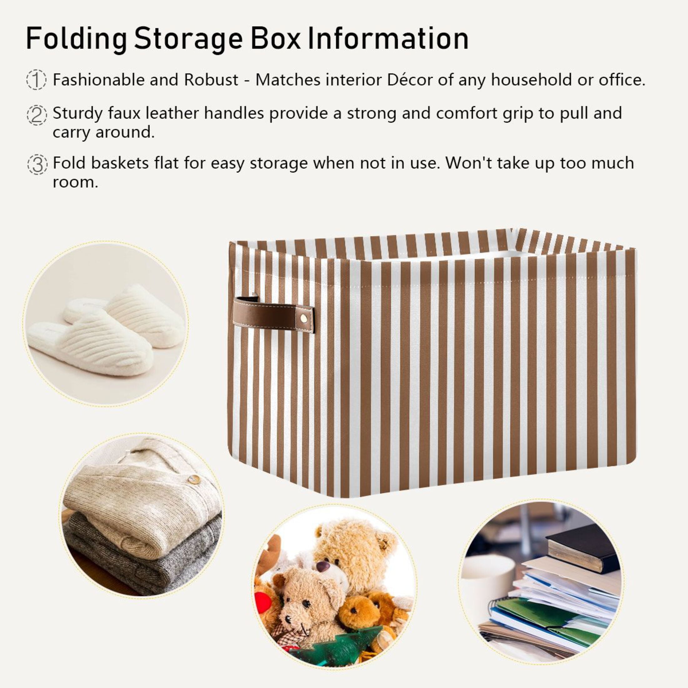 2 Pack Storage Bins with Handle Fabric Organizer Basket Foldable Box Brown and White Striped 14.2x10.2x8.3