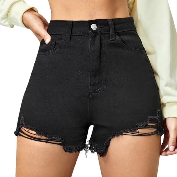 Tiqkatyck Jean Shorts Clearance, Women's Ripped Hem High Waisted Distressed Denim Shorts Jeans for Women Black L