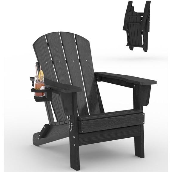 Folding Adirondack Chair, All-Weather HDPE Outdoor Chair, Wooden Textured with Cup Holder for patios, Decks, Gardens, fire pits, Black