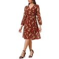 thumbnail image 4 of INSPIRE CHIC Women's Boho Floral V Neck Bishop Sleeve Below The Keen Wrap Dress S Burgundy, 4 of 6