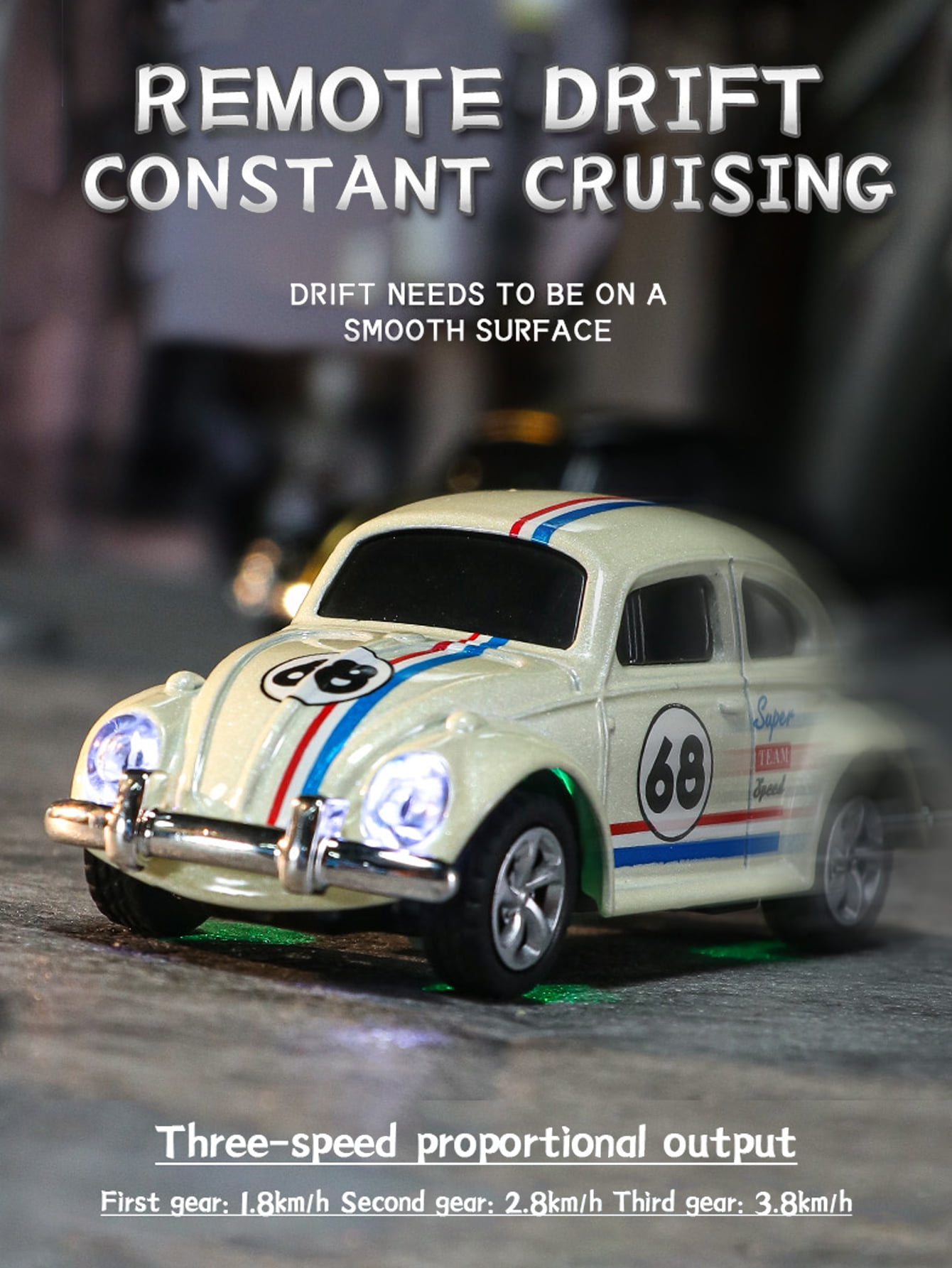 1: 64 mini Beetle remote control car: 2.4GHz dual control, alloy body, three speed regulation, adjustable steering